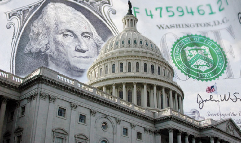 The capitol building with a dollar bill in the background