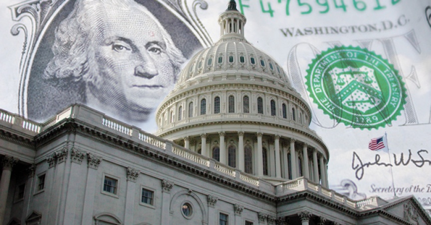 The capitol building with a dollar bill in the background