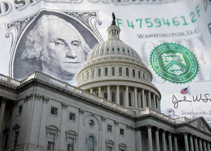 The capitol building with a dollar bill in the background